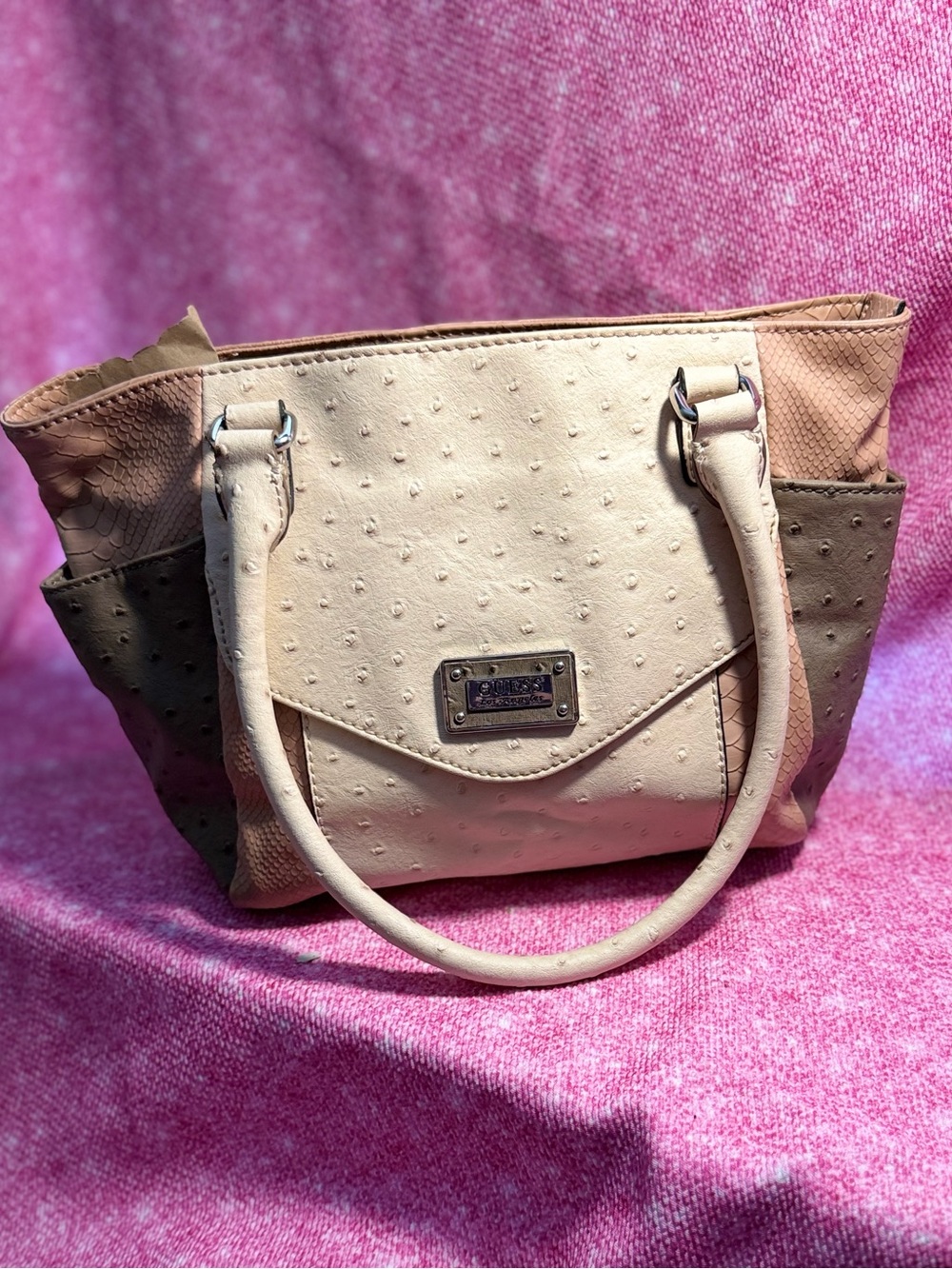 GUESS Faux Ostrich Leather Colorblock Satchel